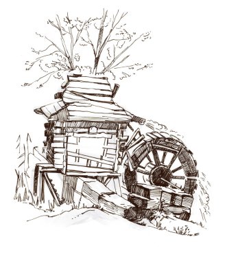 Doğadan kalma eski bir ahşap su değirmeninin çizimleri. Kalem ve doğrusuyla çizim