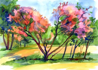 Blooming pink tree. Landscape With Trees. Drawing with watercolor