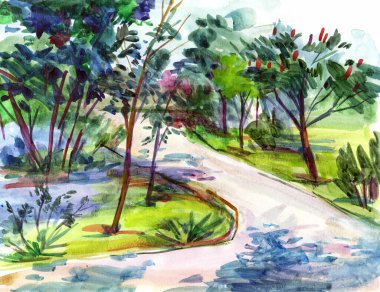 Landscape With Trees. Freehand drawing with Watercolor