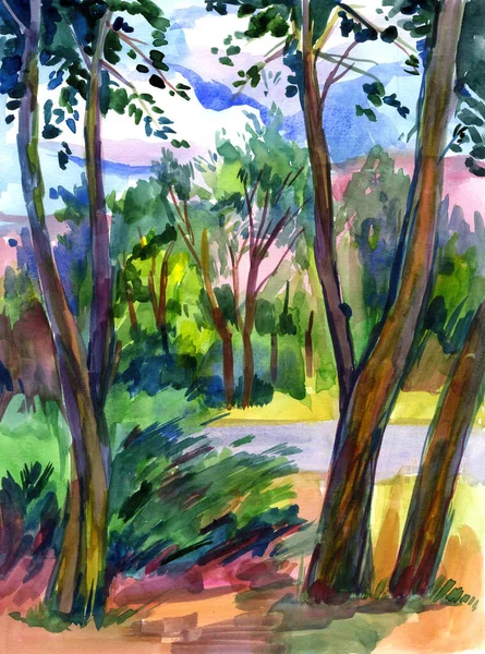 Krajobraz Drzewami Ręczny Rysunek Akwarelą — Zdjęcie stockowe