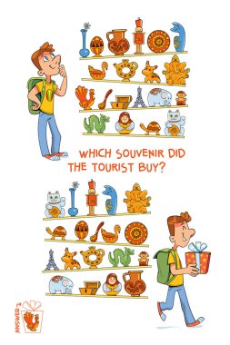 Find the differences puzzle game. Which souvenir did the tourist buy. Find hidden objects in the picture. Puzzle Hidden Items. Funny cartoon character. Vector illustration clipart