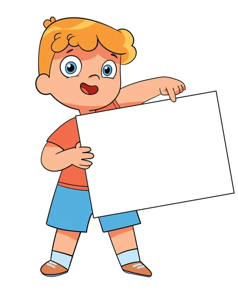 拿着空白海报的男孩多彩的卡通人物有趣的矢量说明 因白人背景而被隔离 — 图库矢量图片