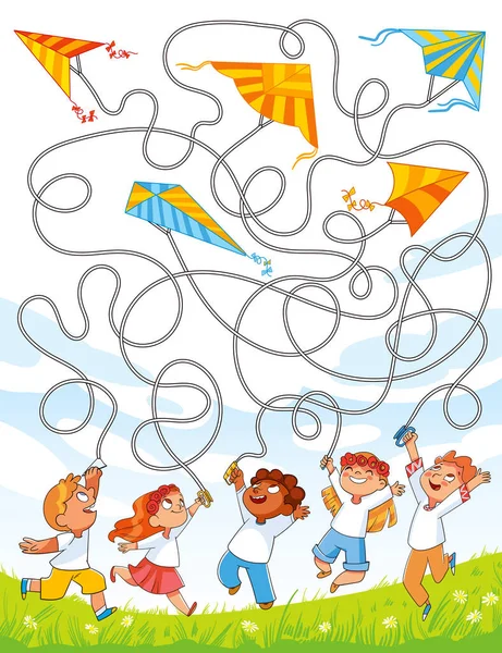 Kids Puzzle Maze Children Fly Kites Sky Funny Cartoon Character — ストックベクタ