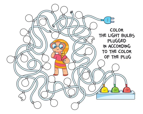 子供の迷路パズル プラグの色に従って接続されている電球を着色します 漫画のキャラクター 面白いベクトルイラスト 白地に隔離された — ストックベクタ