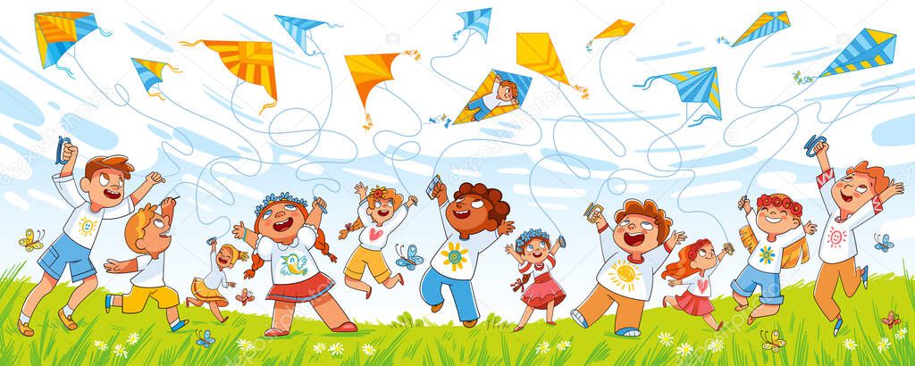 Children fly kites into the sky. Funny cartoon character. Vector illustration. Panorama banner