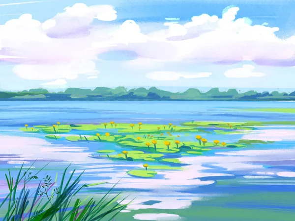 Paysage Avec Lac Nénuphars Jaunes Dessin Aquarelle — Photo