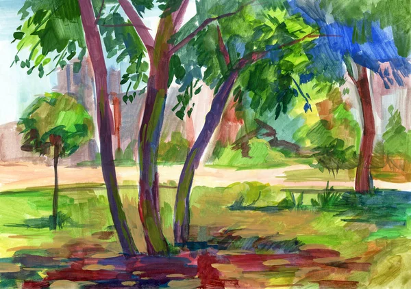 Ескіз Акварелі Міського Парку Пейзаж Деревами Вільний Малюнок — стокове фото