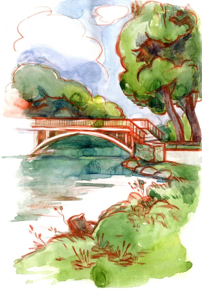 Watercolor sketch of a city park. Landscape With Trees. Freehand drawing