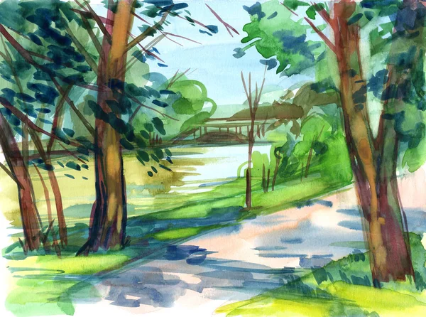 Szkic Akwarelowy Parku Miejskiego Krajobraz Drzewami Rysunek Ręczny — Zdjęcie stockowe