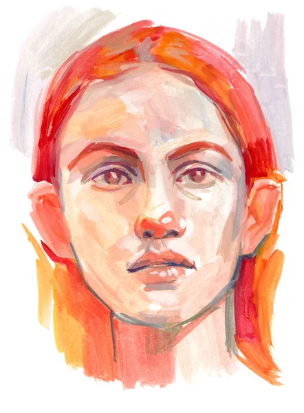 Portrait Red Haired Girl Life Hand Drawing Gouache — Stock Photo, Image