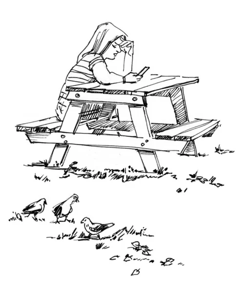 公園のベンチに座っている女性の概要スケッチ 鉛筆とライナーでフリーハンドで描く — ストック写真