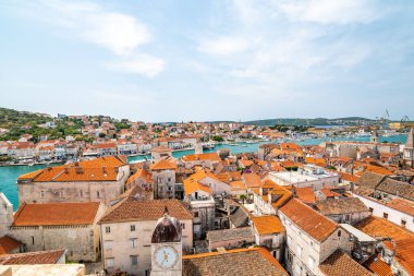 Aerial panoramic view of Trogir town, Croatia. Ancient building in old town, view to river and harbor.