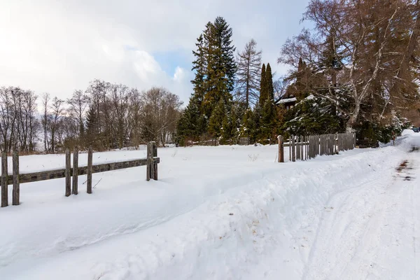 Pradera Cubierta Nieve Invierno Una Vieja Cerca Madera Árboles Cerca — Foto de Stock