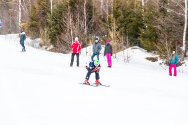 Tatranska Lomnica, Slovakya - 4.2.2022: Slovakya 'nın High Tatras bölgesinde kayak ve snowboard yarışması 