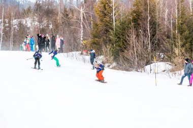 Tatranska Lomnica, Slovakya - 4.2.2022: Slovakya 'nın High Tatras bölgesinde kayak ve snowboard yarışması 