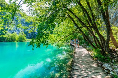 Plitvice, Hırvatistan - 21.7.2021: Turistler güzel doğa parkı, Plitvice gölleri ve şelaleleri ziyaret ediyorlar. Meşhur seyahat yeri, saf doğada tatlı su..