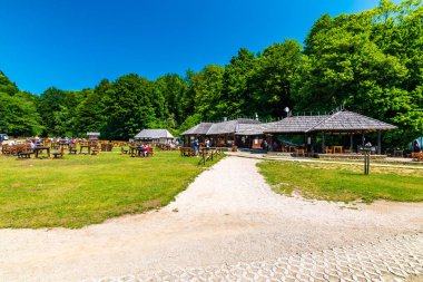 Plitvice, Hırvatistan - 21.7.2021: Turistler güzel doğa parkı, Plitvice gölleri ve şelaleleri ziyaret ediyorlar. Meşhur seyahat yeri, saf doğada tatlı su..