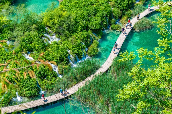크로아티아 플리트 2021 관광객들이 아름다운 플리트비체 폭포를 방문하고 목적지 자연의 — 스톡 사진
