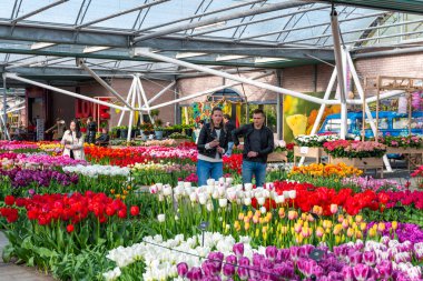 Lisse, Hollanda - 14.4.2022: Turistler Keukenhof bahçesini ziyaret ediyorlar. Çiçek açmış bir sürü güzel çiçek, fotoğraf çeken insanlar. Doğada canlı renkler.