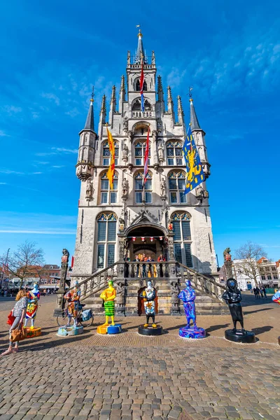 Gouda Netherlands 2022 Gouda Main Square Town Hall Blue Sky — Foto de Stock