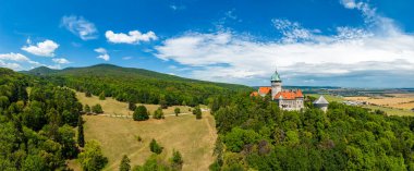 Aerial drone fly near Smolenice castle, Slovakia. Trnava region, Litle Carpathians.