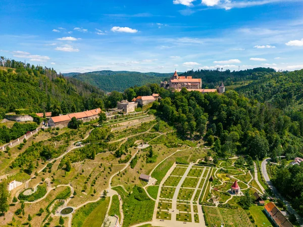 Aerial Drone Fly Pernstejn Castle Czech Republic Vysocina Region Nedvedice — Foto de Stock