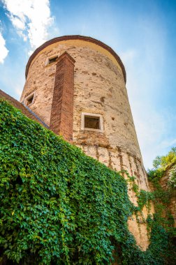 Outdoor view of Pernstejn castle near the Nedvedice village, Czech Republic. Fairytale castle on hill during summer day. Big stone walls and towers.