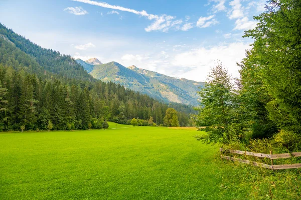 Pradera Tradicional Cerca Los Alpes Austríacos Colores Verdes Suaves — Foto de Stock