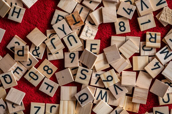 Black Letters Placed Wood Small Pieces Alphabet — Stock Photo, Image