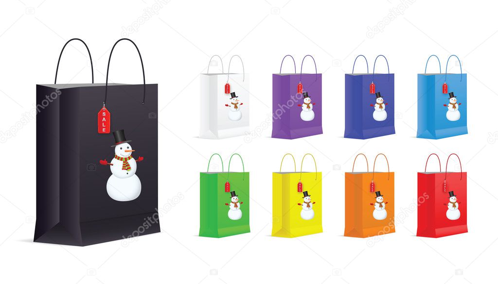 Set of Shopping Bags with Snowman and Sale Label