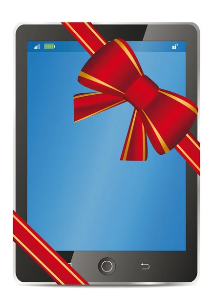 Tablet pc con fiocco rosso regalo e nastro — Vettoriale Stock