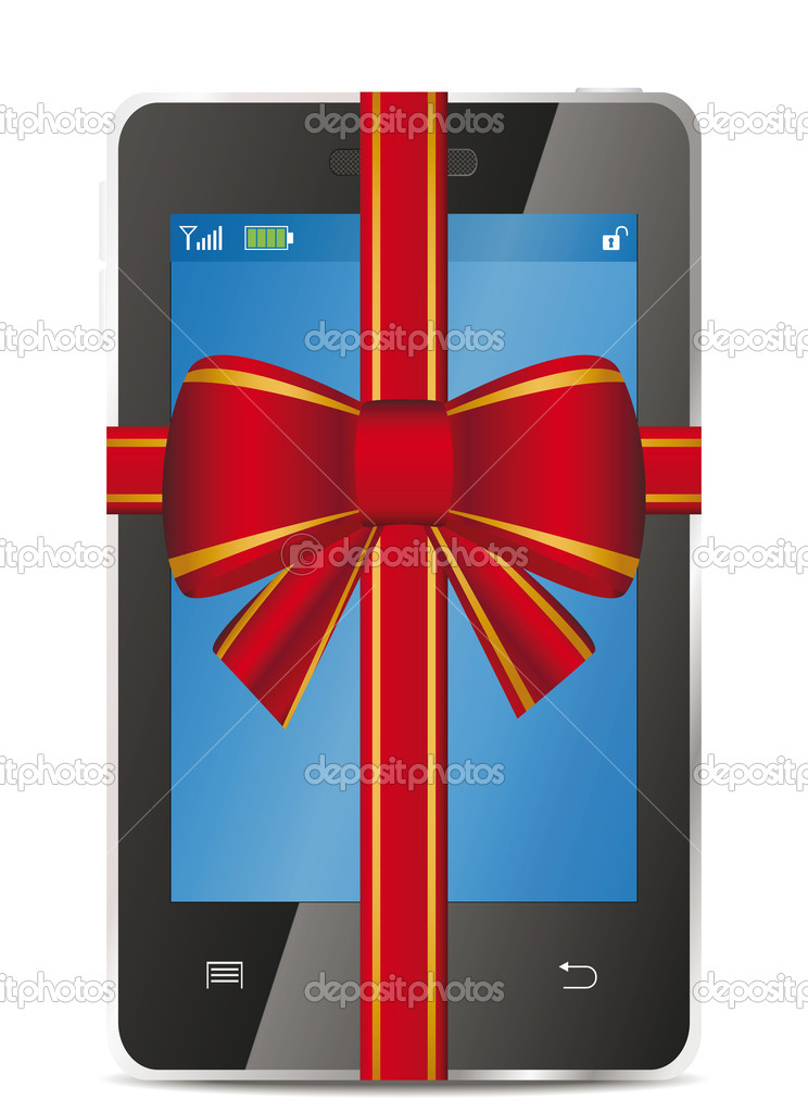 Mobile phone with gift red bow and ribbon
