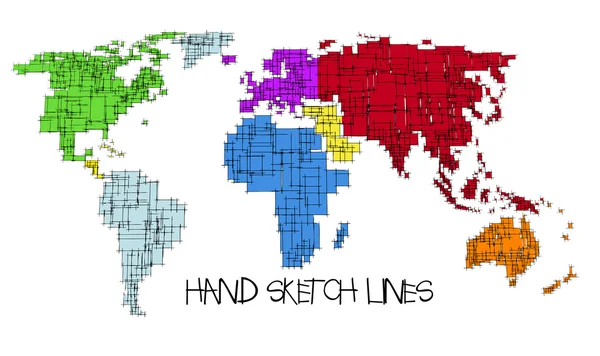 Färgade karta av världen, hand skiss design — Stock vektor