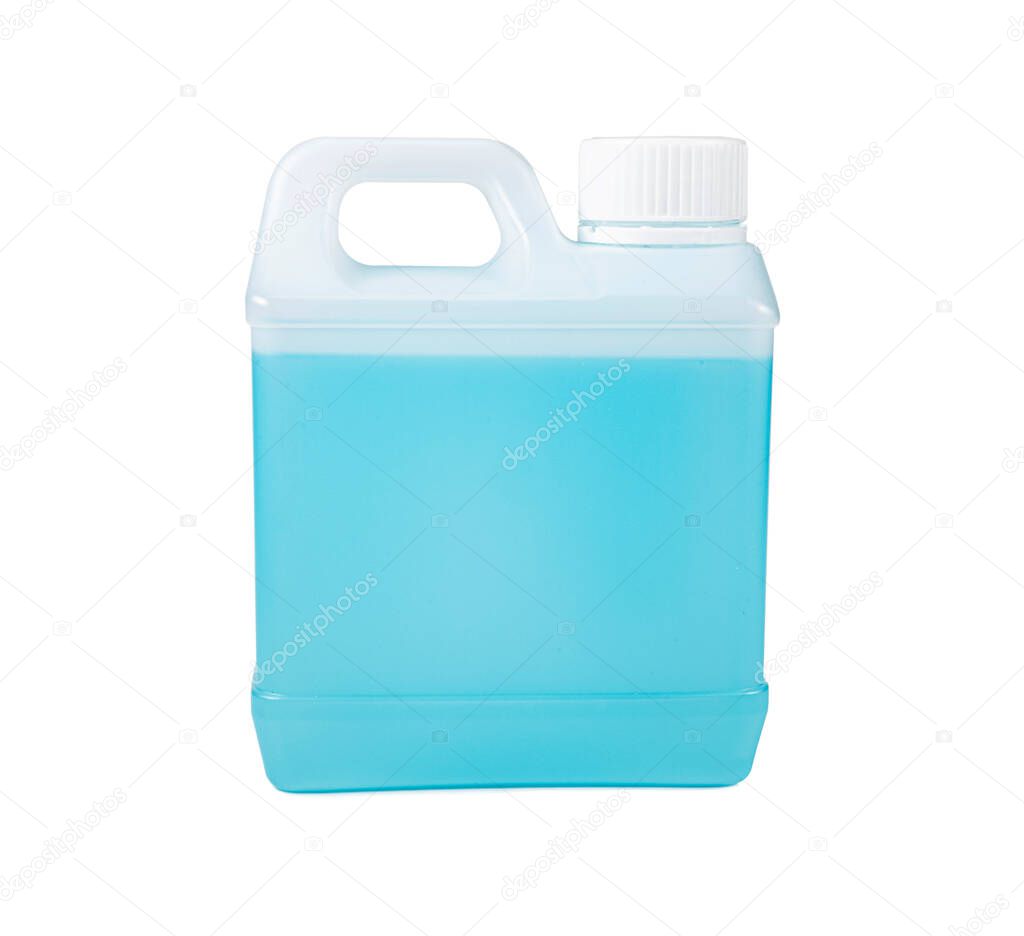 A gallon of blue alcohol on white background