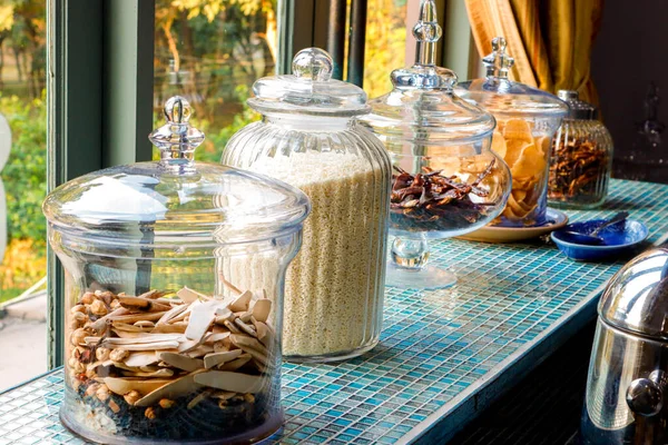 Beautifully Shaped Glass Jar Put Food Display — Stok fotoğraf