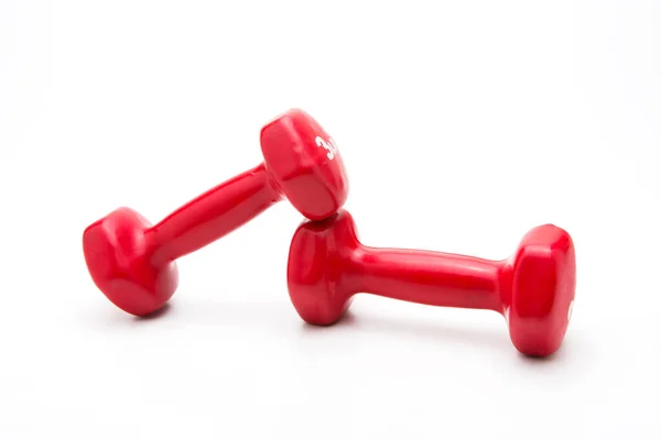 Red Rubber Coated Dumbbell Hand Isolated White Background — Photo