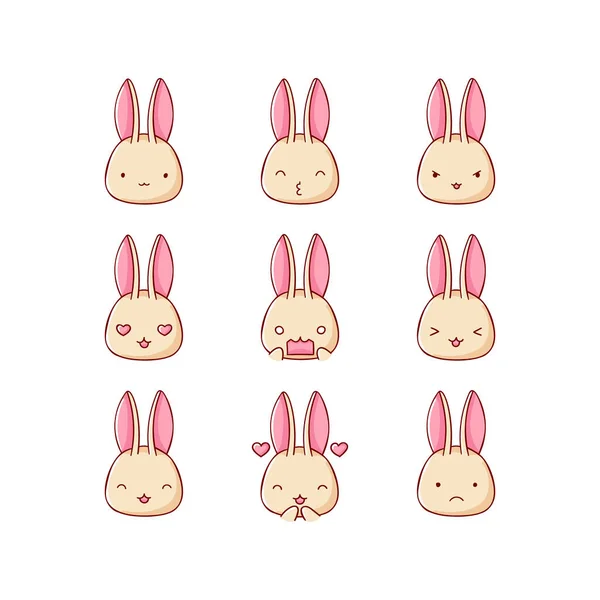 Collection of funny cute rabbit, bunny emoticon characters in different emotions. Illustration — Stock Vector