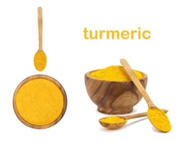 Series, spices on white background in different angles. Turmeric in wooden bowl