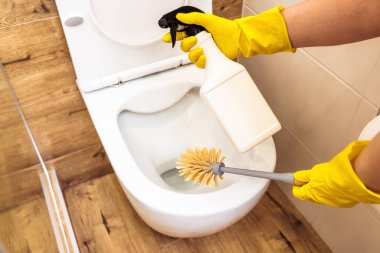 Elleri yakın plan fırça ve temizlik solüsyonu kullanarak dezenfekte tuvaleti ve şişe modellemesi