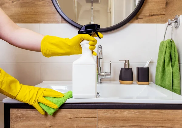 Close Female Hand Protective Glove Holding White Bottle Cleaning Agent — Stock Photo, Image