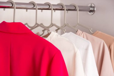 Bir moda tasarımcısının temel gardırobu. Tarafsız renkler: beyaz, siyah, bej ve aksan Fransız kırmızısı. Beyaz gardırop, gri askılar. Minimalizm tarzı