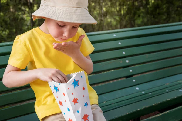 Pojke Vit Sommarkläder Och Ljus Panama Parkbänk Sommardag Barnet Äter — Stockfoto