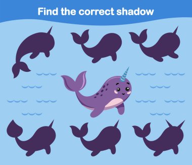 Deniz gergedanının doğru gölgesini bul, balina. Küçük çocuklar için bir dizi mini oyun. Kuzey Kutbu ve Antarktika 'nın vahşi hayvanları. Basit bir stilde sevimli el çizimi hayvanlar, öğrenme, mantık, harita