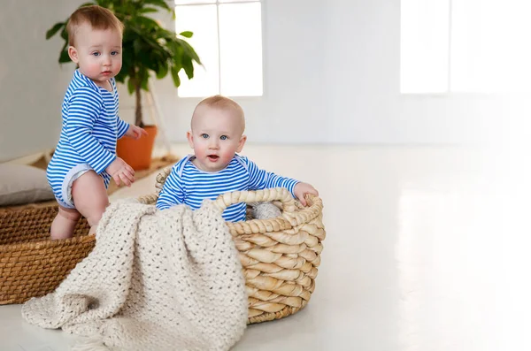 Twee Kleine Baby Marine Kostuums Tweelingen Gestreepte Shirts Zitten Een — Stockfoto