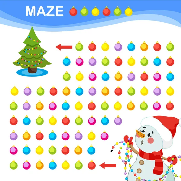 Maze Spiel Für Kinder Der Schneemann Zählt Weihnachtskugeln Schmückt Den — Stockvektor