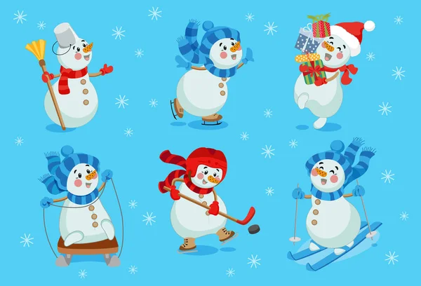Набор Милых Рождественских Снеговиков Шляпах Шарфах Снеговики Подарком Снежки Зимние — стоковый вектор