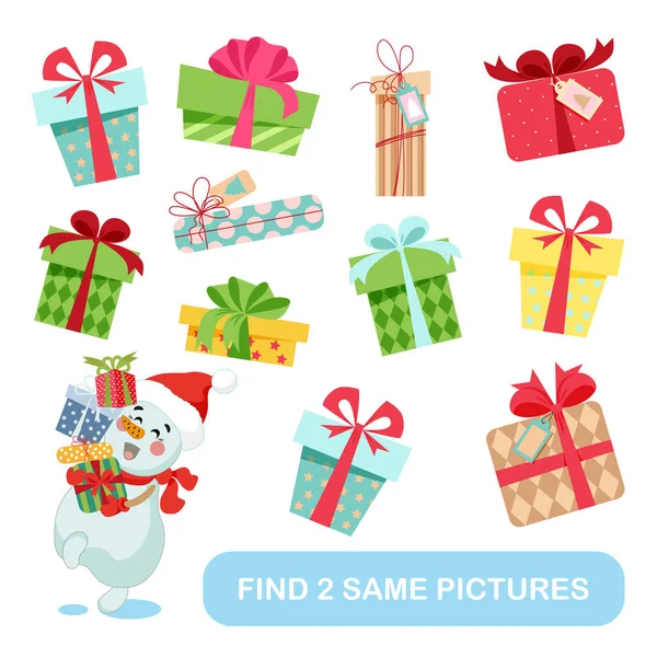 Çocuklar için eğitici bir oyun. Birbirinin aynı iki resim bul. Noel koleksiyonu. Farklı renkte hediye kutuları arasında özdeş iki kutu bulunur. Birbirinin aynı iki resim bul. Çocuklar için eğitici oyunlar