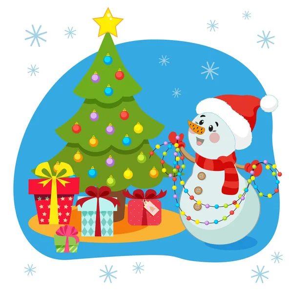 イラスト 赤いクリスマスの帽子のかわいい雪だるまと赤いスカーフは ガーランドでクリスマスツリーを飾ります クリスマスツリーの下のギフト 色の箱 雪の結晶青の背景 — ストックベクタ