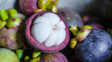 Bahçeden taze olgun mangosteen meyvesi. Tayland 'ın doğal arkaplanı.