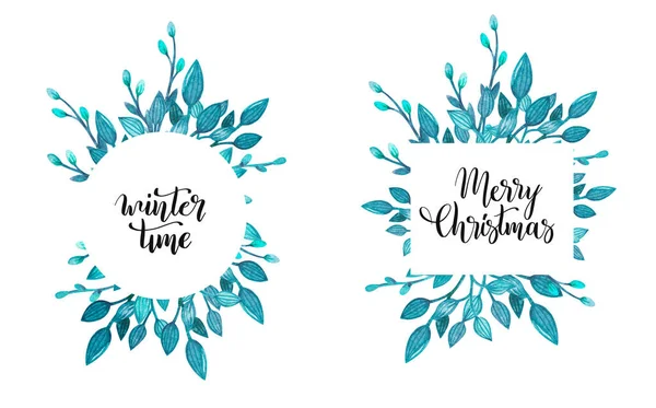 Akvarel Vánoční rámeček s větvičkami a Svatým vánočním nápisem. Izolované na bílém pozadí. Ilustrace pro blahopřání, pozvánky, transparenty. — Stock fotografie